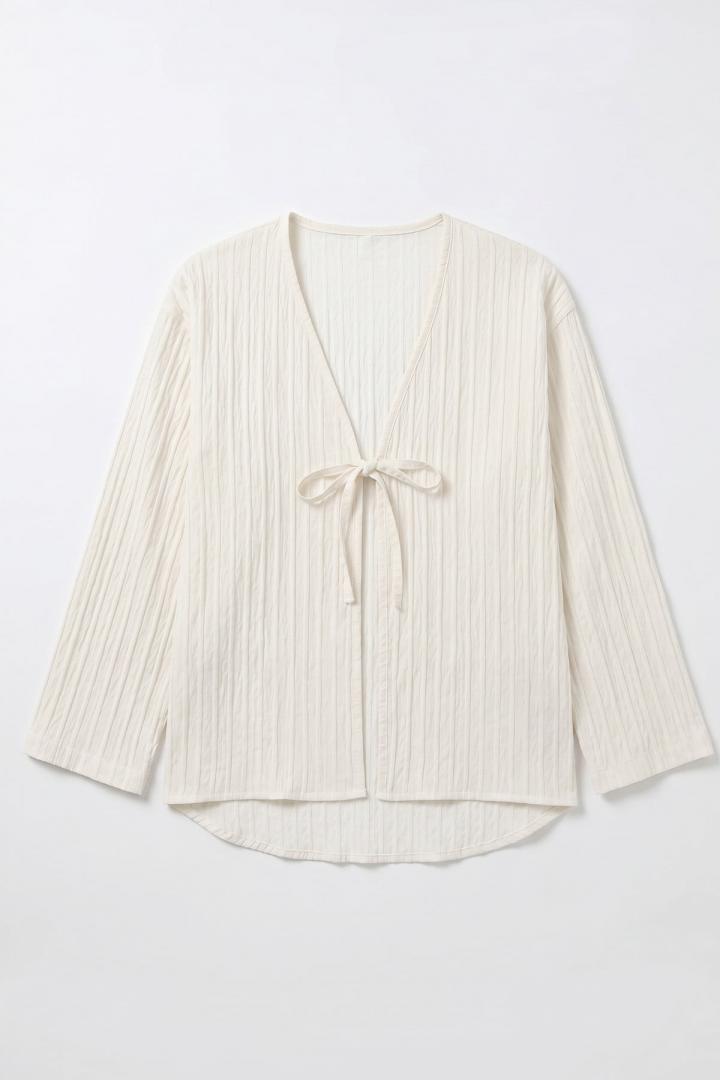 Çizgili Bağcıklı Kimono 2358 - KREM | Salih Çelebi 