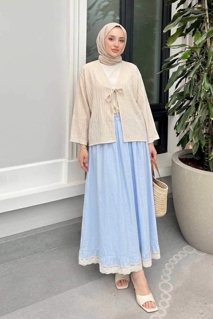 Çizgili Bağcıklı Kimono 2358 - KREM | Salih Çelebi 