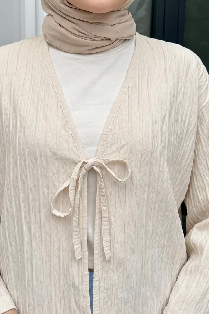Çizgili Bağcıklı Kimono 2358 - KREM | Salih Çelebi 
