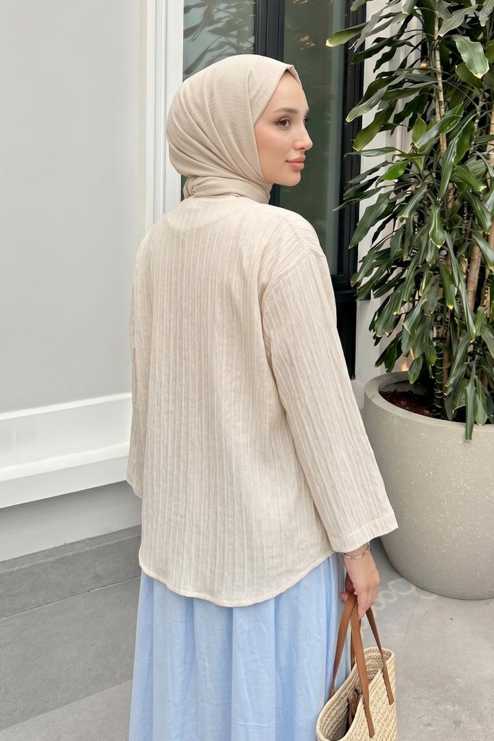 Çizgili Bağcıklı Kimono 2358 - KREM | Salih Çelebi 