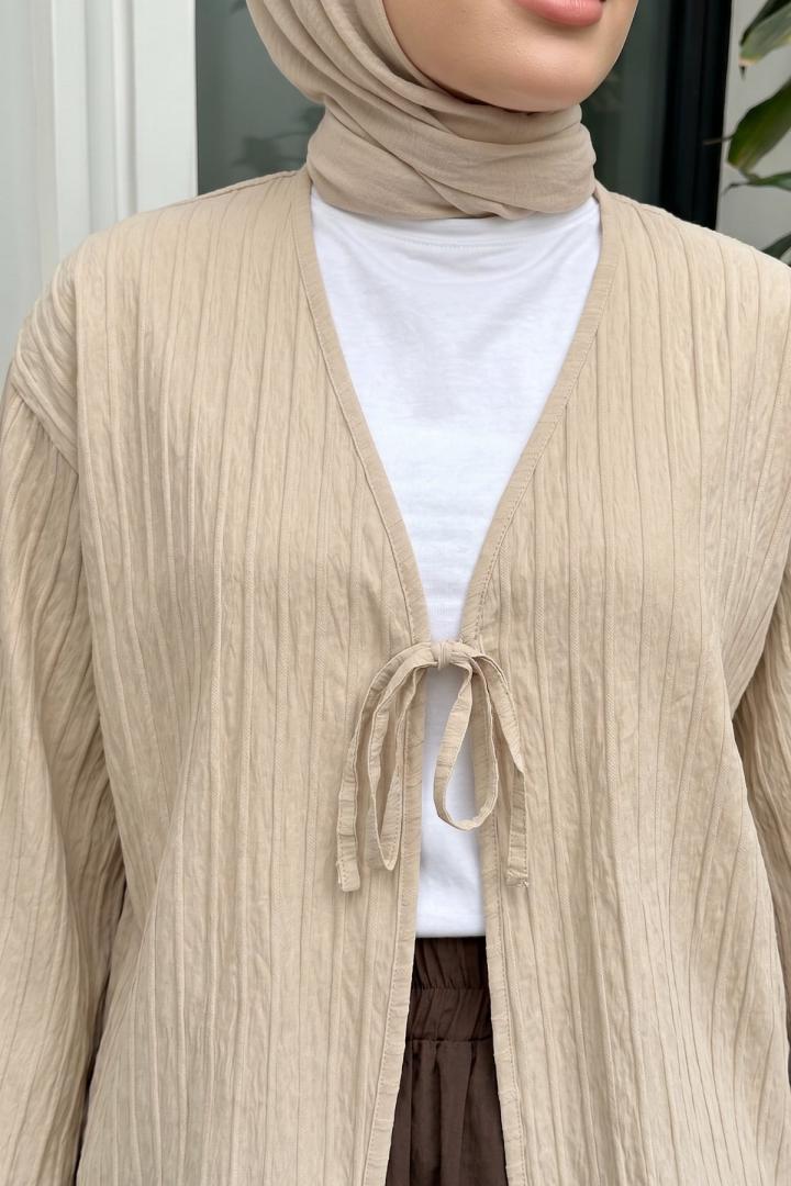 Çizgili Bağcıklı Kimono 2358 - TAŞ RENGİ |  