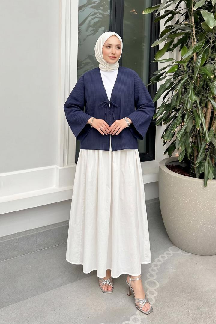 Bağcıklı Çizgili Kimono 2350 - LACİVERT |  