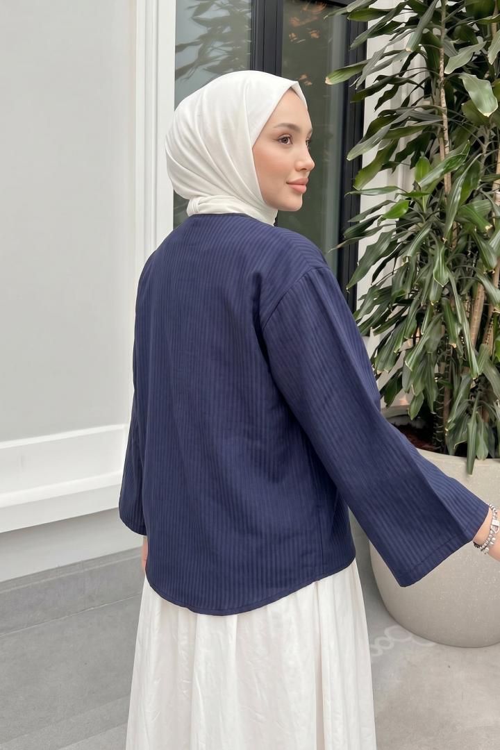 Bağcıklı Çizgili Kimono 2350 - LACİVERT |  