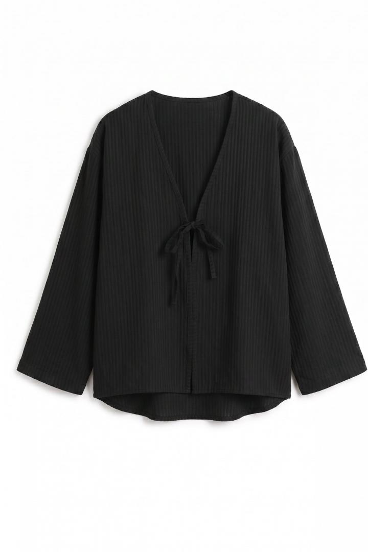 Bağcıklı Çizgili Kimono 2350 - SİYAH |  