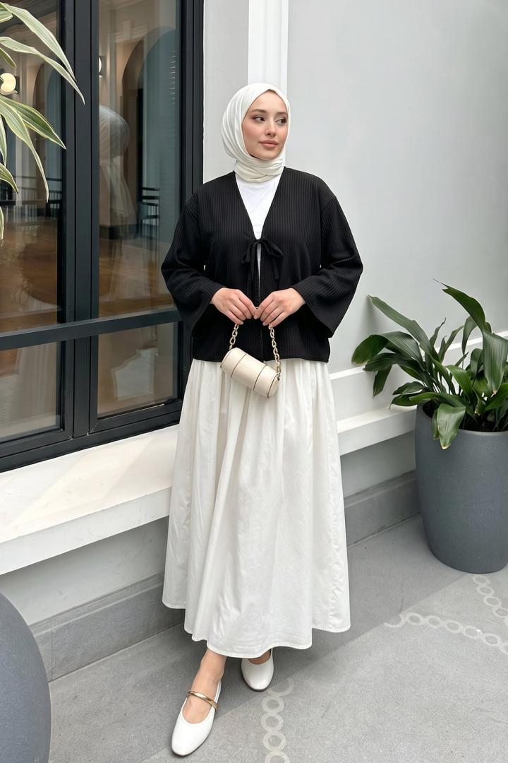 Bağcıklı Çizgili Kimono 2350 - SİYAH |  