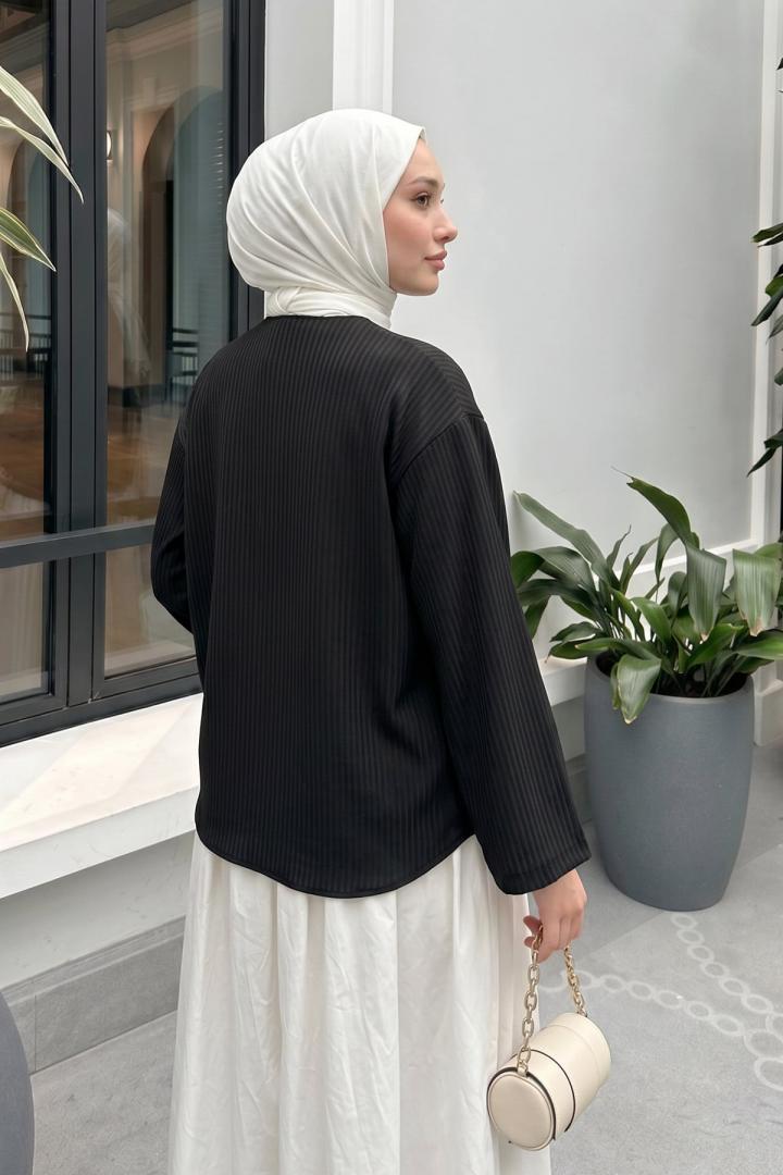 Bağcıklı Çizgili Kimono 2350 - SİYAH |  