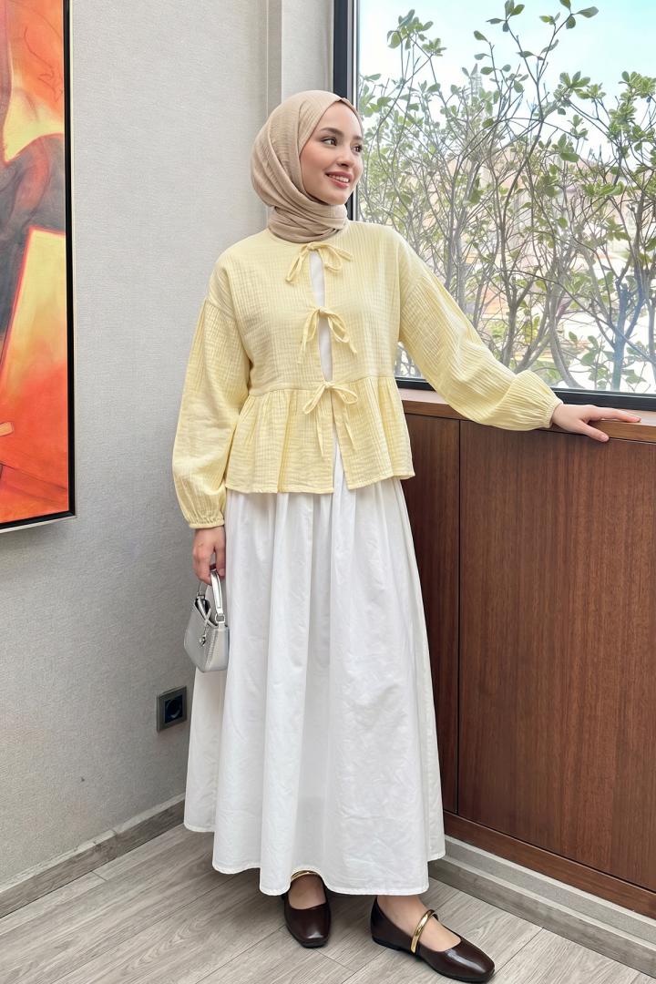 Eteği Büzgülü Kimono 2381 - AÇIK SARI | Salih Çelebi 
