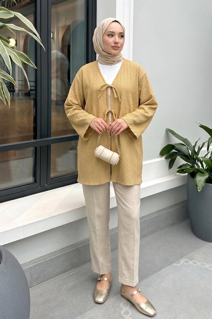 Desenli Uzun Kimono 2374 - BUĞDAY RENGİ |  