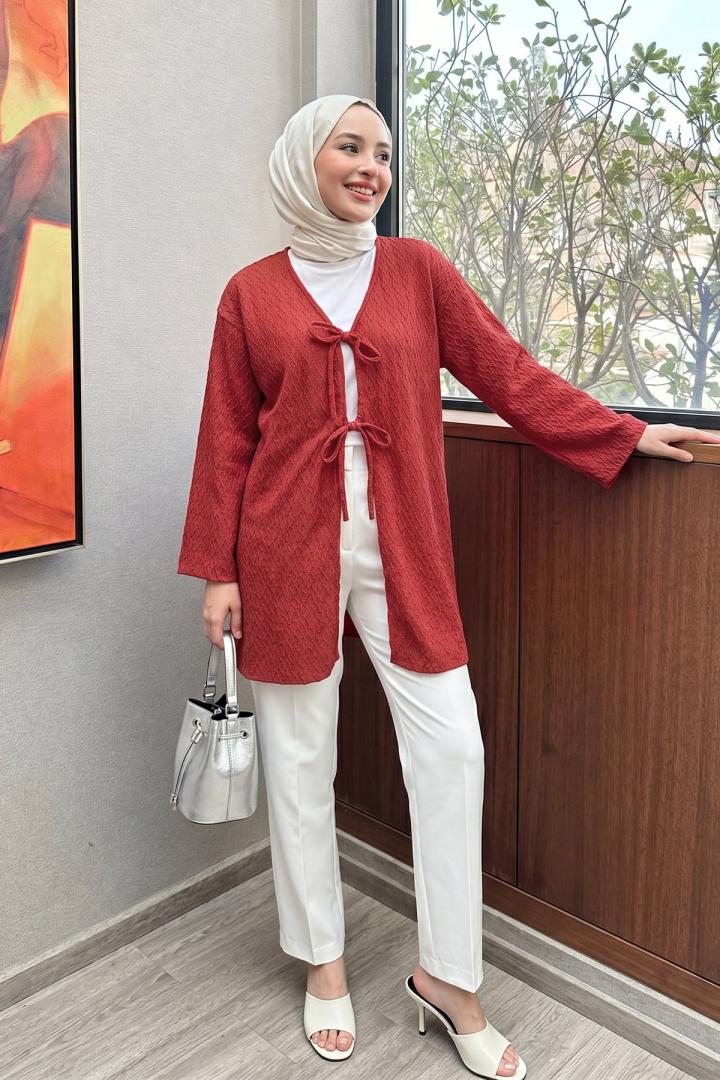Desenli Uzun Kimono 2374 - KIRMIZI |  