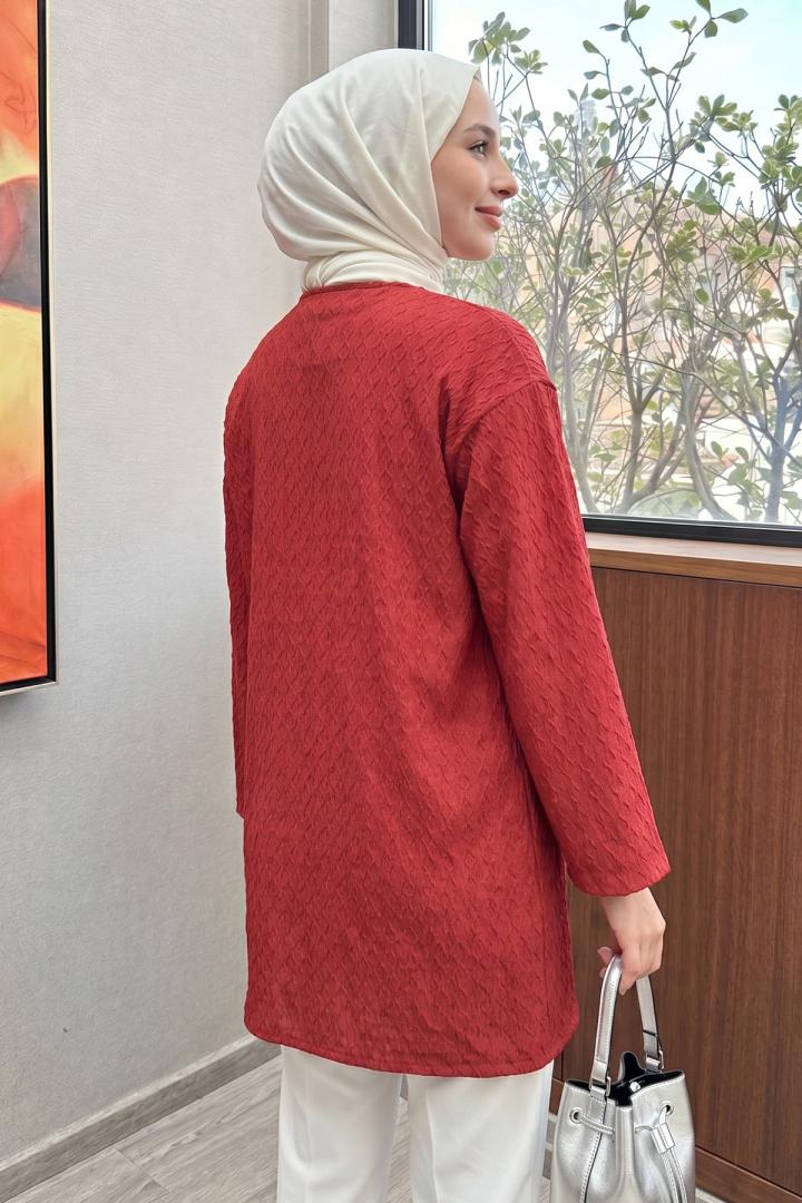 Desenli Uzun Kimono 2374 - KIRMIZI |  
