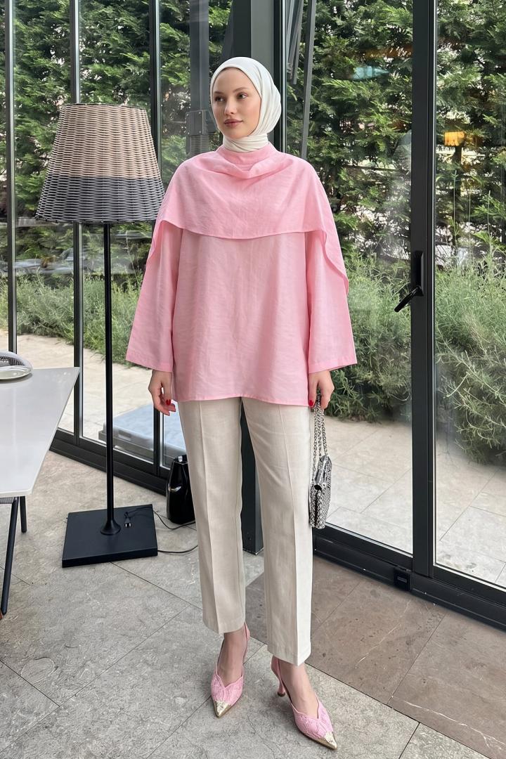 Şal Detaylı Tunik Y0151 - AÇIK PEMBE |  
