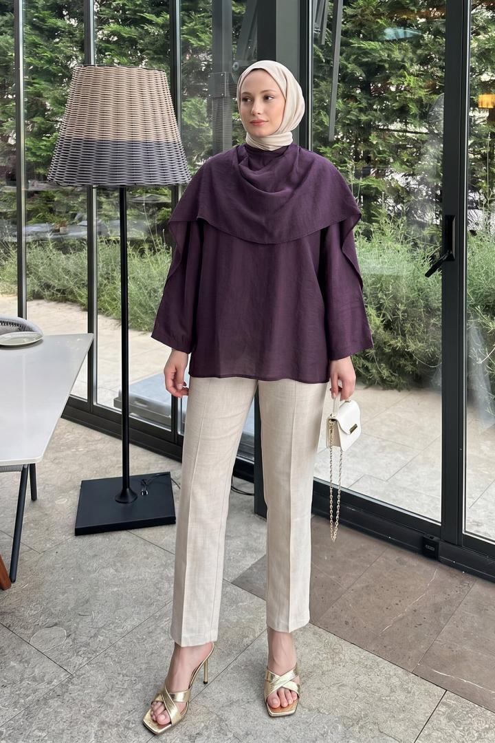 Şal Detaylı Tunik Y0151 - KOYU MÜRDÜM |  
