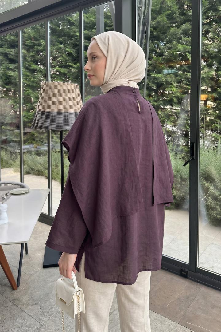 Şal Detaylı Tunik Y0151 - KOYU MÜRDÜM |  