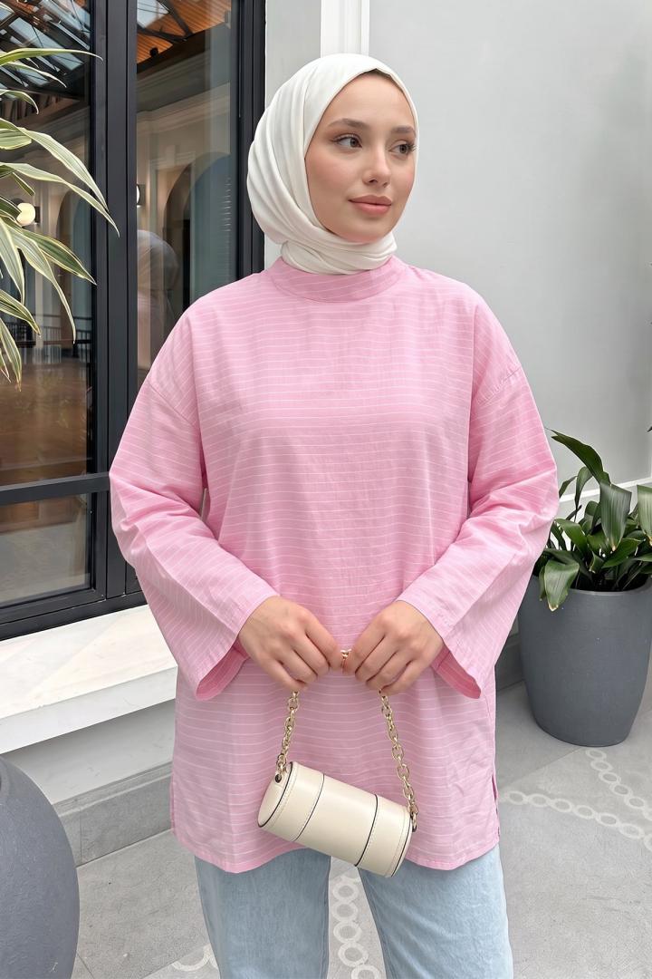 Şal Detaylı Çizgili Tunik  Y0153 - AÇIK PEMBE |  
