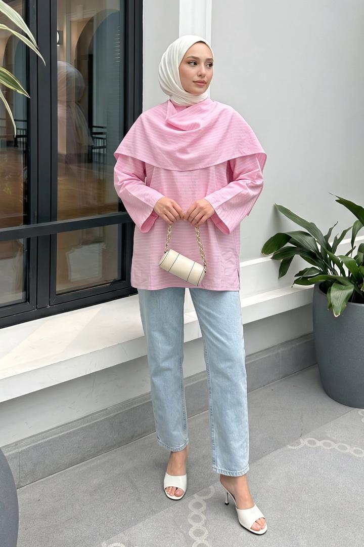 Şal Detaylı Çizgili Tunik  Y0153 - AÇIK PEMBE |  
