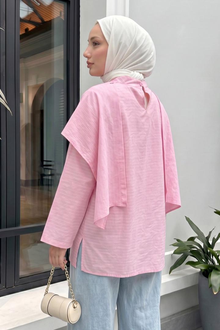 Şal Detaylı Çizgili Tunik  Y0153 - AÇIK PEMBE |  