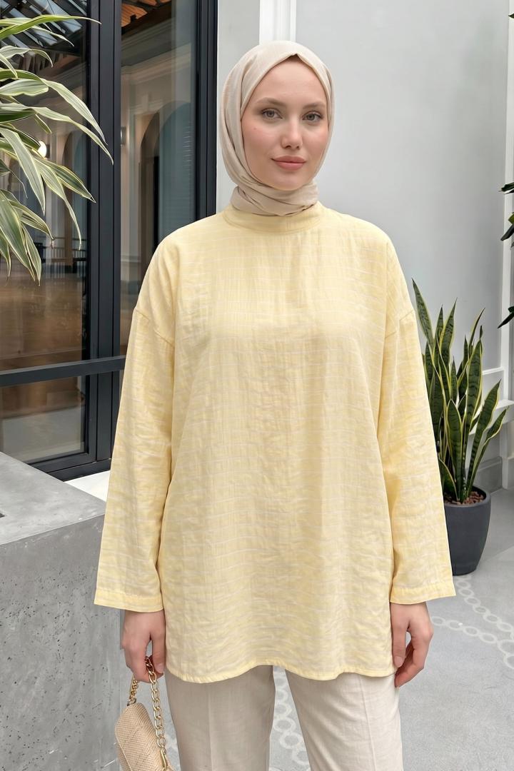 Şal Detaylı Çizgili Tunik  Y0153 - TEREYAĞ SARISI |  