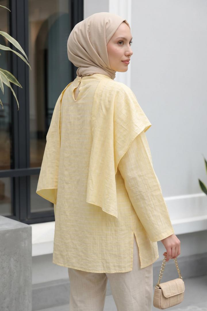 Şal Detaylı Çizgili Tunik  Y0153 - TEREYAĞ SARISI |  