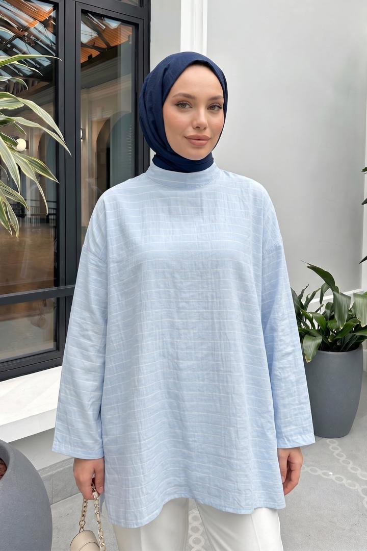 Şal Detaylı Çizgili Tunik  Y0153 - BEBE MAVİSİ |  