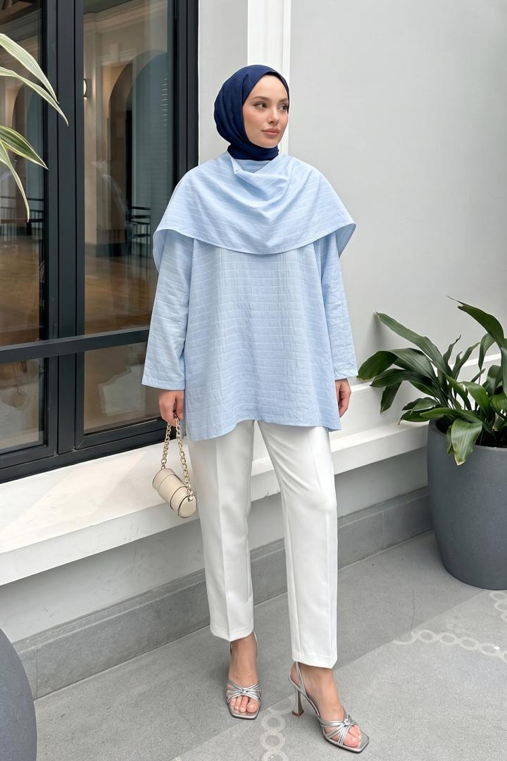 Şal Detaylı Çizgili Tunik  Y0153 - BEBE MAVİSİ |  