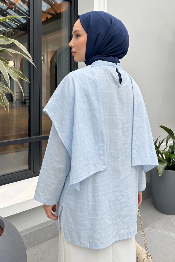 Şal Detaylı Çizgili Tunik  Y0153 - BEBE MAVİSİ |  