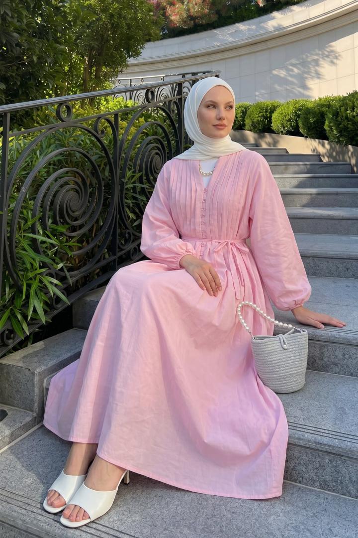 Vual Düğme Detaylı Pile Elbise 5007 -  PEMBE |  