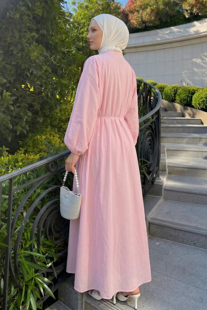 Vual Düğme Detaylı Pile Elbise 5007 -  PEMBE |  