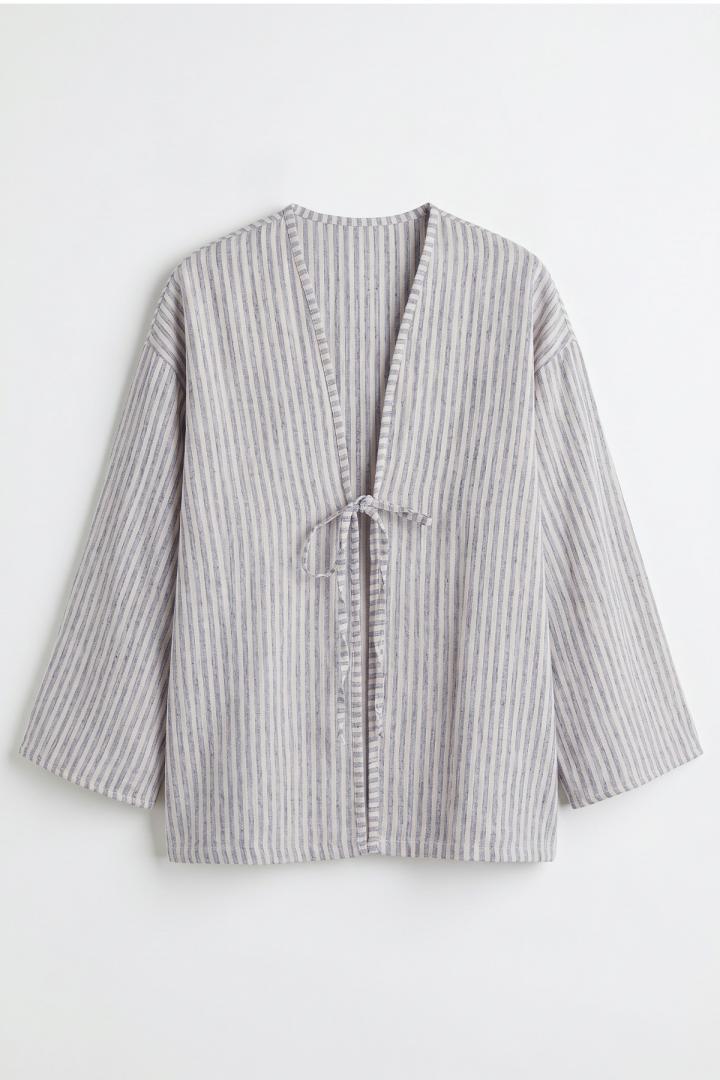 Çizgili Keten Kimono 43481 - AÇIK LACİVERT | Salih Çelebi 