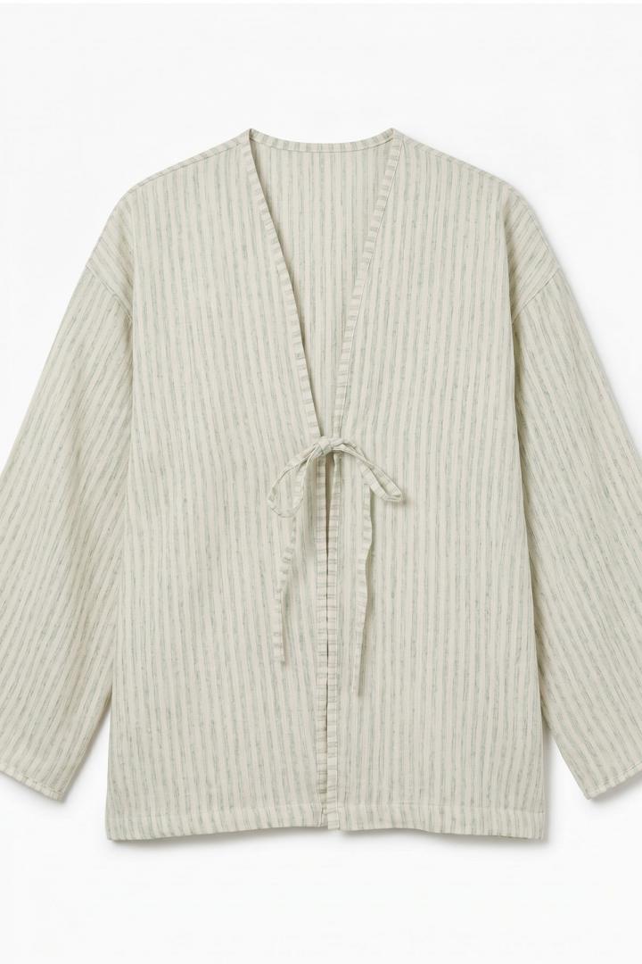 Çizgili Keten Kimono 43481 - AÇIK YEŞİL |  