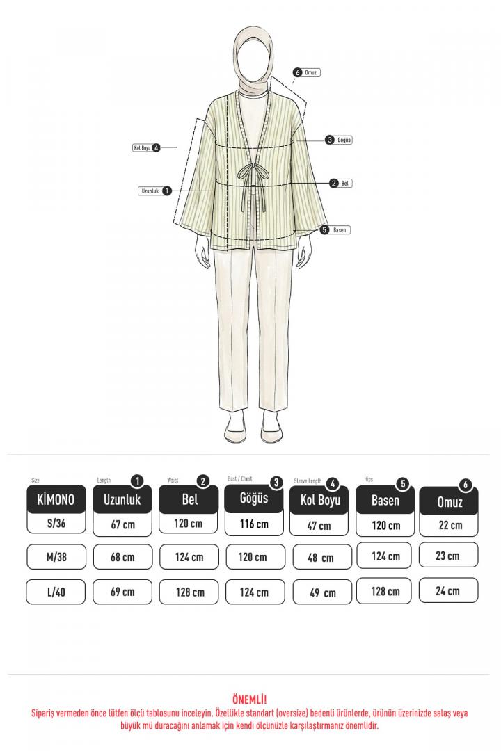Çizgili Keten Kimono 43481 - AÇIK YEŞİL |  