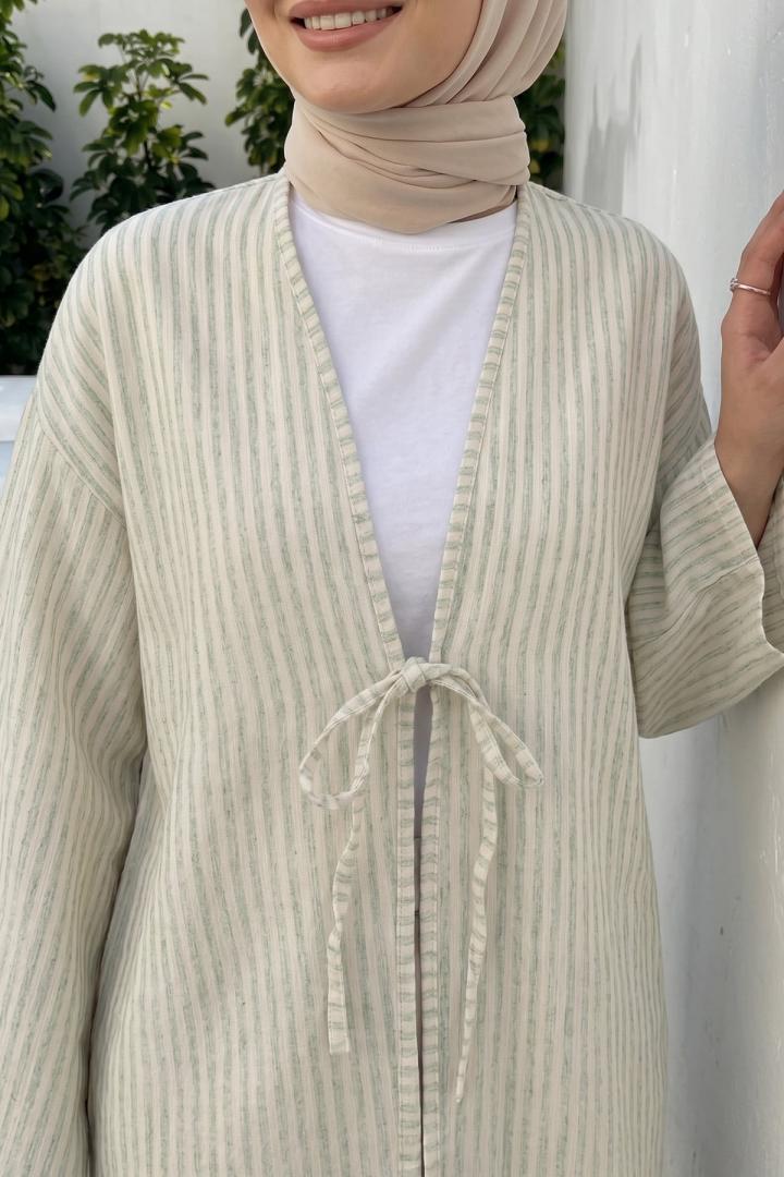 Çizgili Keten Kimono 43481 - AÇIK YEŞİL |  