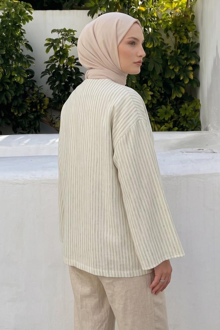Çizgili Keten Kimono 43481 - AÇIK YEŞİL |  