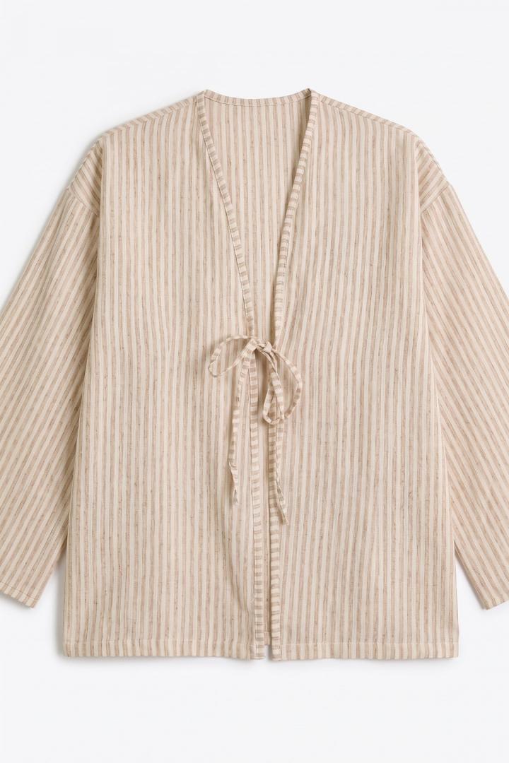Çizgili Keten Kimono 43481 - VİZON |  