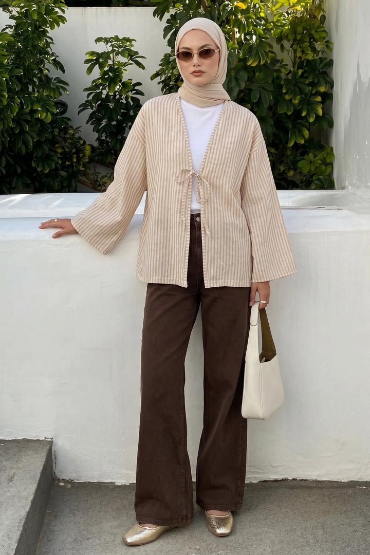Çizgili Keten Kimono 43481 - VİZON |  
