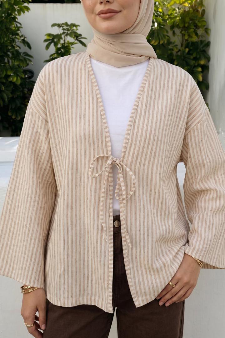 Çizgili Keten Kimono 43481 - VİZON |  