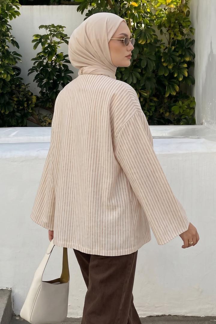 Çizgili Keten Kimono 43481 - VİZON |  