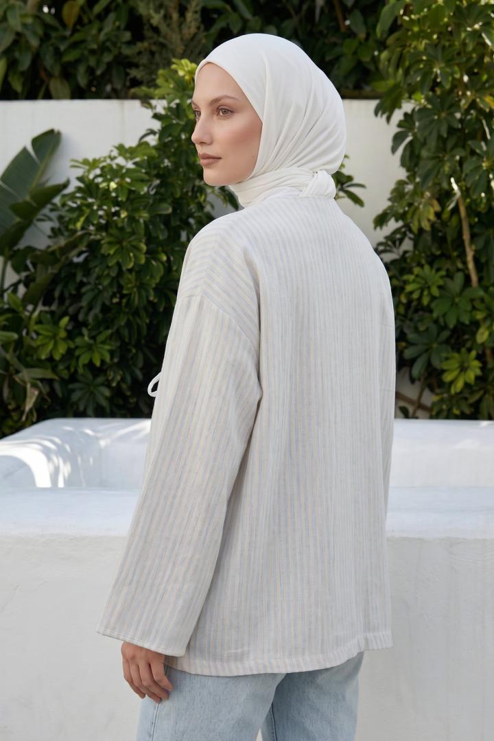 Çizgili Keten Kimono 43481 - BEBE MAVİSİ |  