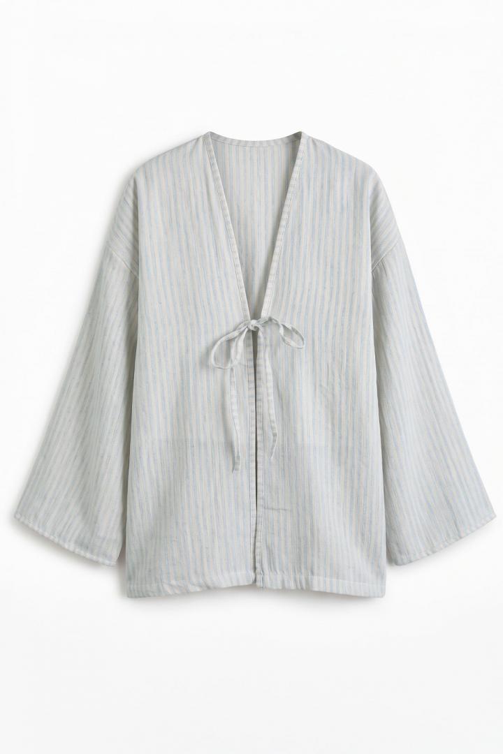Çizgili Keten Kimono 43481 - BEBE MAVİSİ |  