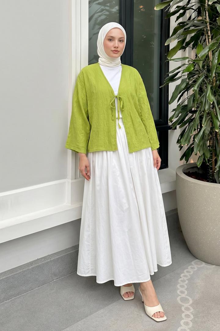 Dokulu Bağcıklı Kimono 2361 - NEON YEŞİLİ |  