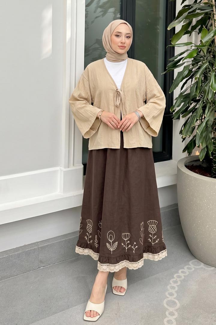 Dokulu Bağcıklı Kimono 2361 - BEJ |  