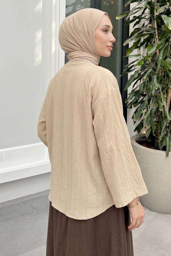 Dokulu Bağcıklı Kimono 2361 - BEJ |  