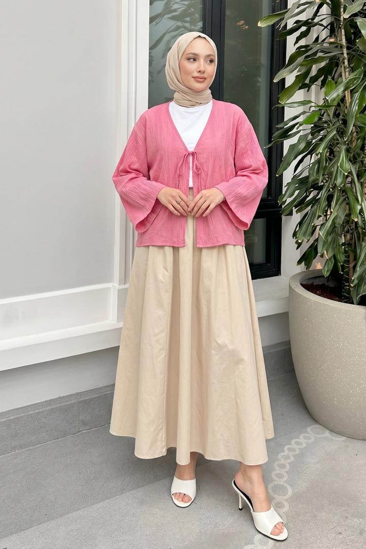 Dokulu Bağcıklı Kimono 2361 - PEMBE |  
