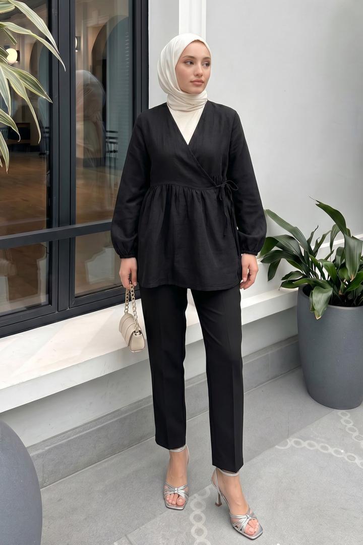 Çapraz Bağlamalı Kimono 43458 - SİYAH | Salih Çelebi 