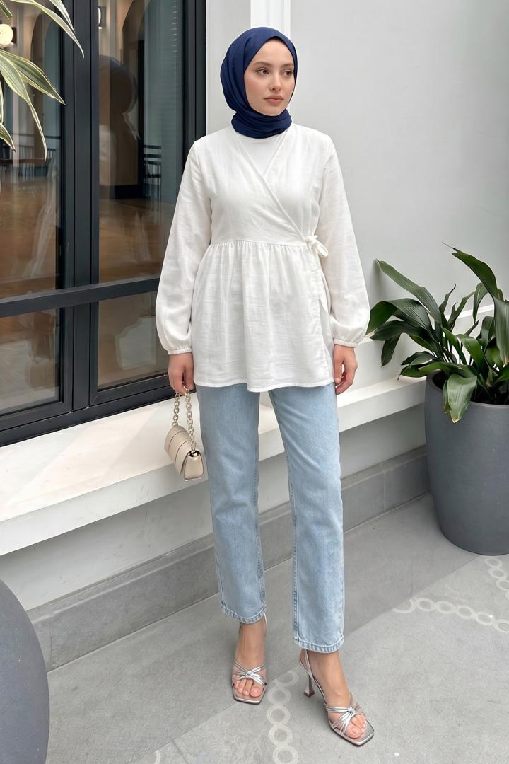 Çapraz Bağlamalı Kimono 43458 - BEYAZ | Salih Çelebi 