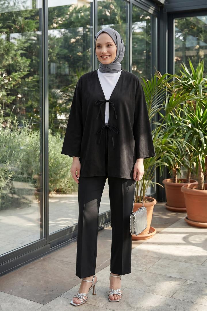 Çift Bağcıklı Uzun Kimono 262353 - SİYAH | Salih Çelebi 