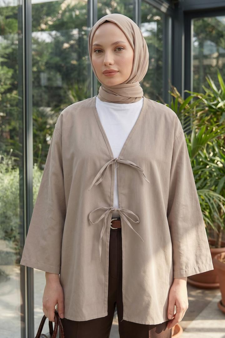 Çift Bağcıklı Uzun Kimono 262353 - TAŞ RENGİ |  