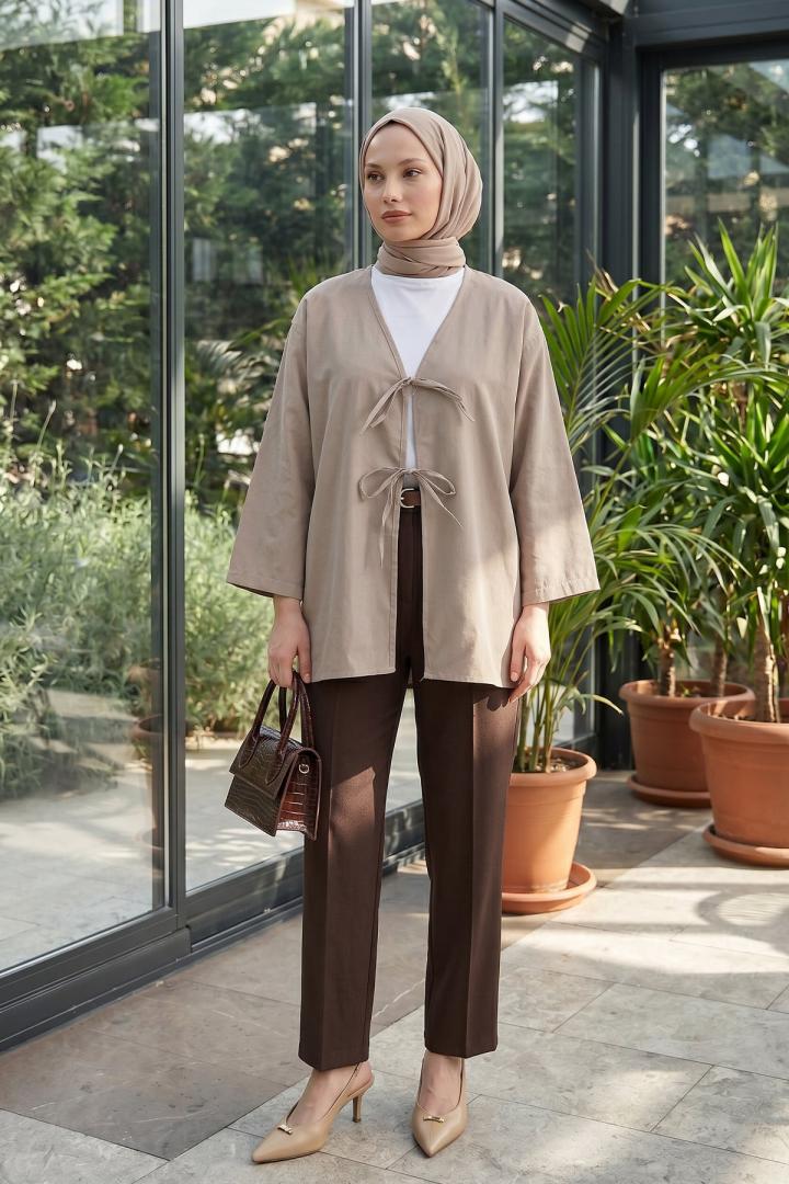 Çift Bağcıklı Uzun Kimono 262353 - TAŞ RENGİ |  