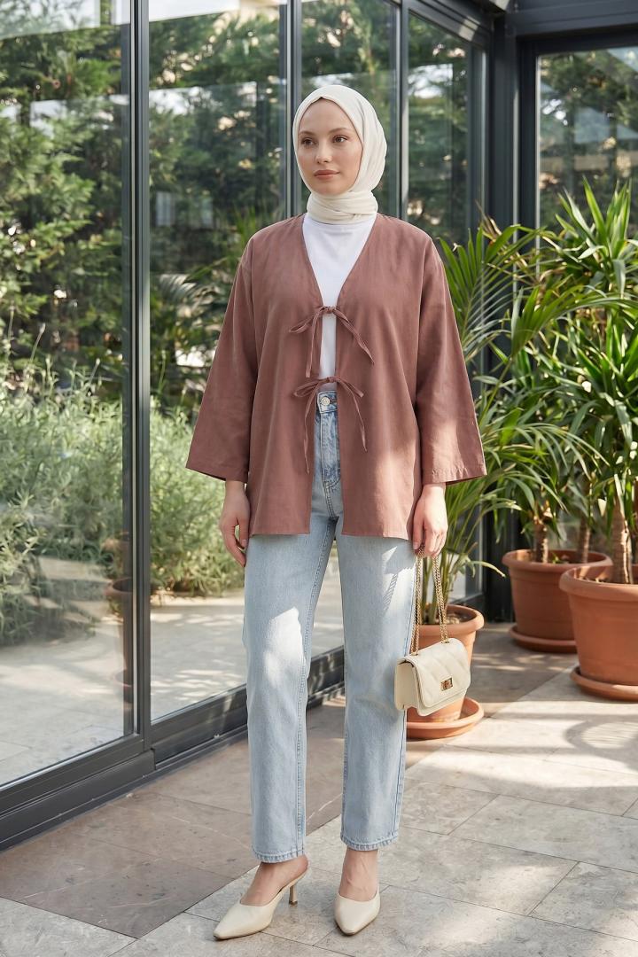 Çift Bağcıklı Uzun Kimono 262353 - GÜL KURUSU | Salih Çelebi 