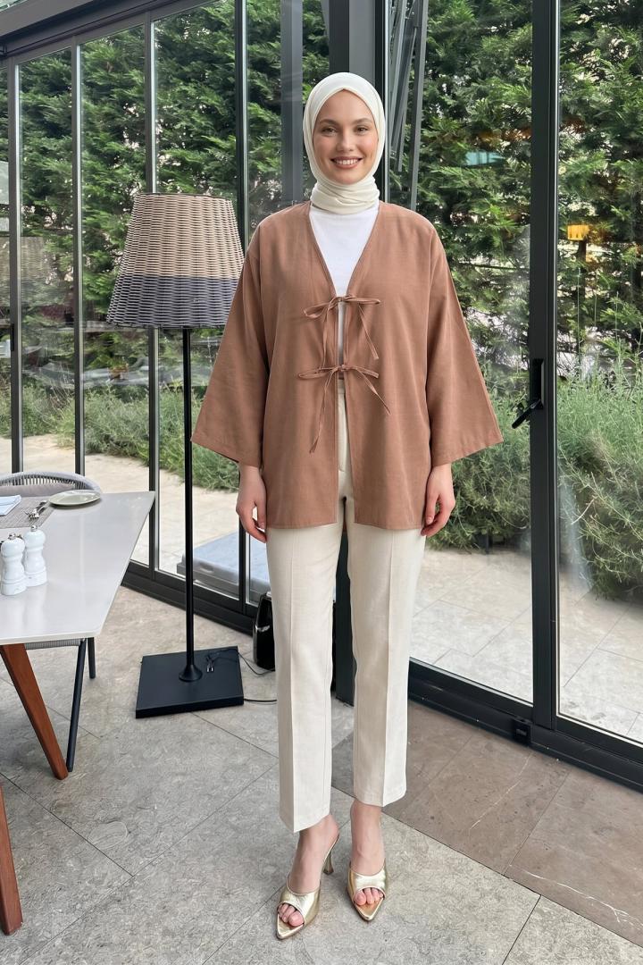 Çift Bağcıklı Uzun Kimono 262353- CAMEL |  