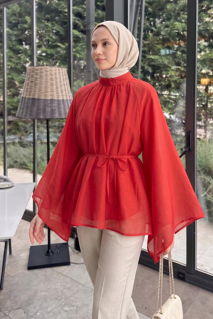 Büzgülü Reglan Kol Tunik Y0150 - KIRMIZI | Salih Çelebi 